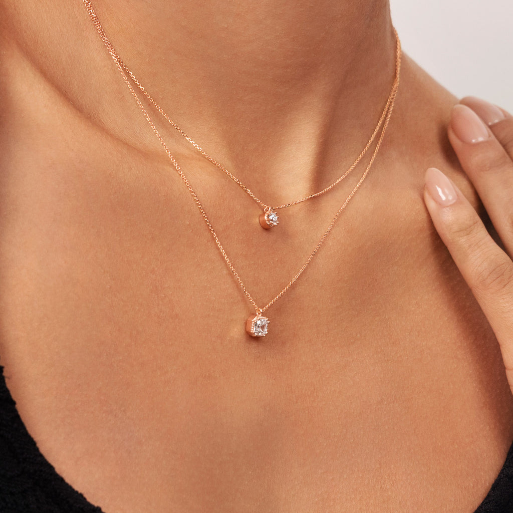 Ecksand's Round Diamond Stackable Necklace with Milgrain Halo in 18k Rose Gold, Lab-grown VS2+/F+