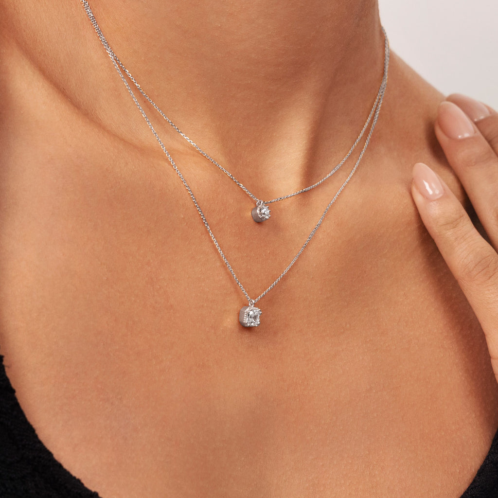 Ecksand's Round Diamond Stackable Necklace with Milgrain Halo in 18k White Gold, Lab-grown VS2+/F+