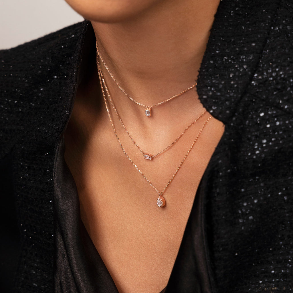 Ecksand's Pear Diamond Stackable Necklace with Milgrain Halo in 18k Rose Gold, Lab-grown VS2+/F+