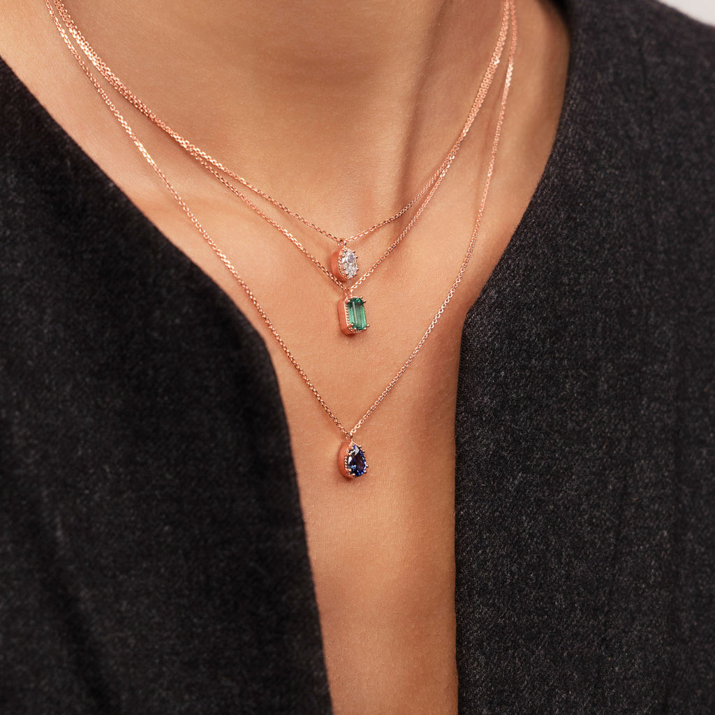 Ecksand's Pear Blue Sapphire Stackable Necklace with Milgrain Halo in 18k Rose Gold #2