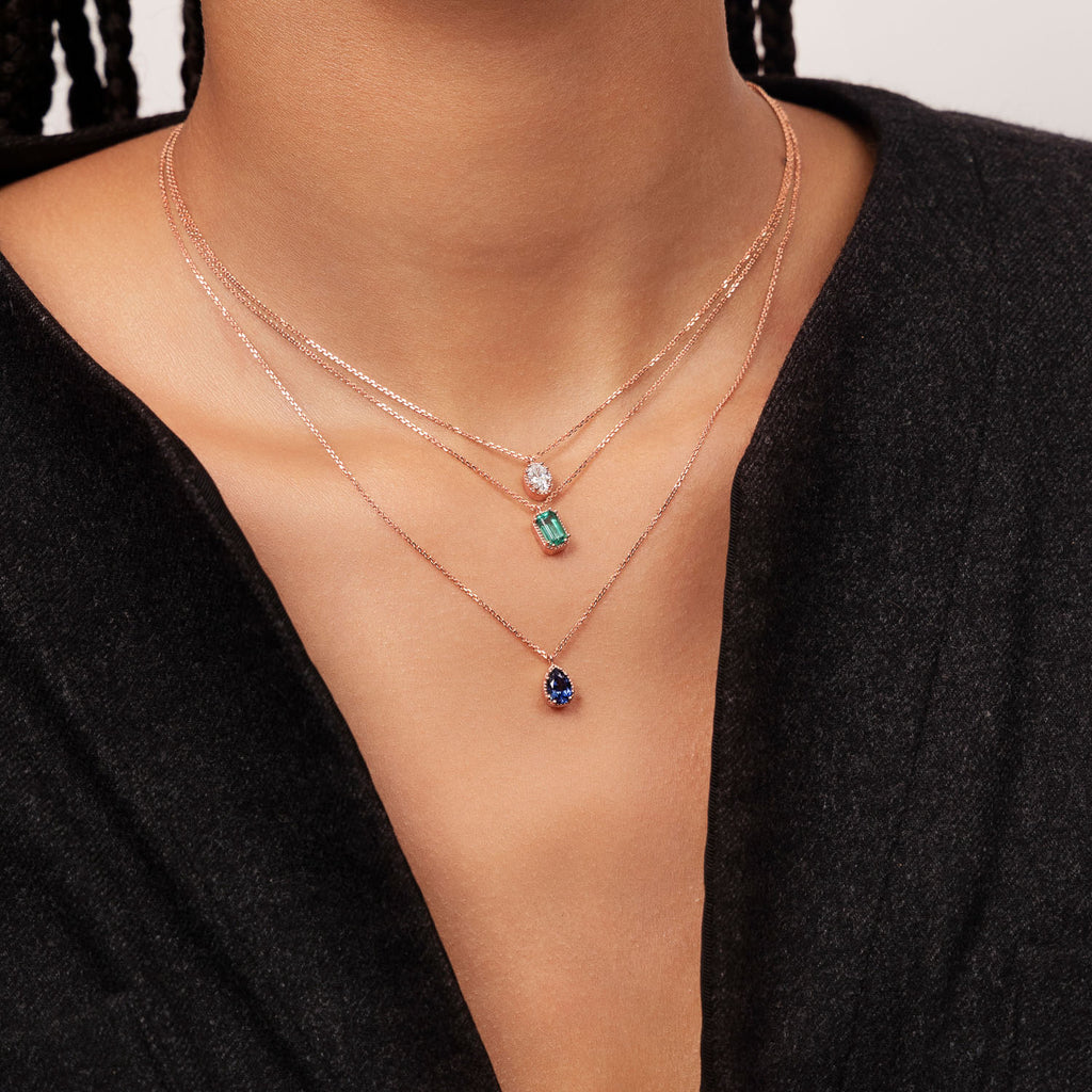 Ecksand's Pear Blue Sapphire Stackable Necklace with Milgrain Halo in 18k Rose Gold #3