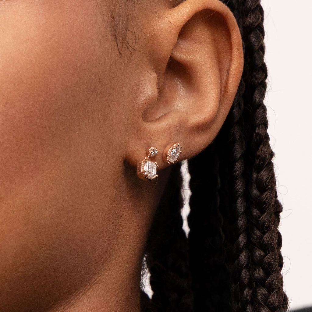 Ecksand's Marquise Diamond Stud Earrings with Milgrain Halo in 18k Rose Gold, Lab-grown VS2+/ F+