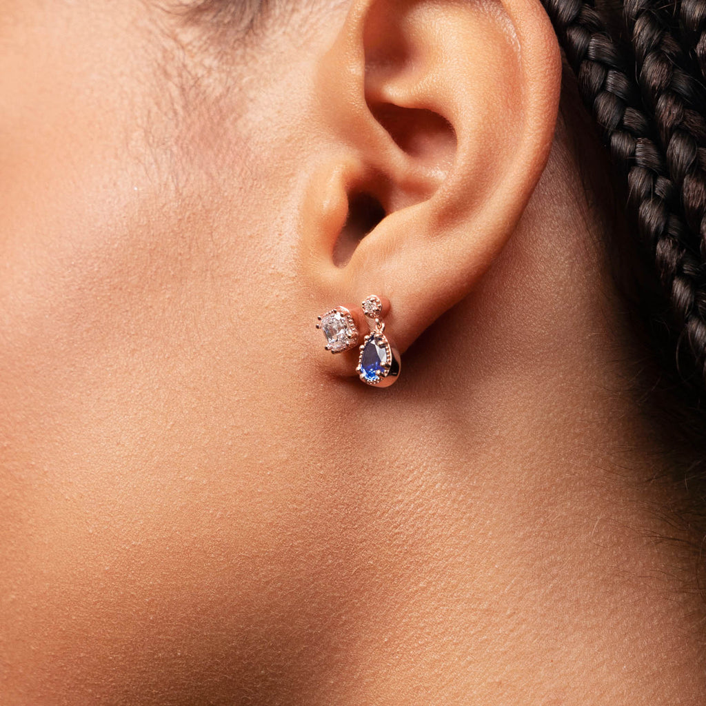 Ecksand's Pear Blue Sapphire Stud Earrings with Milgrain Halo and Diamond Accent in 18k Rose Gold, Lab-grown VS2+/ F+ #5