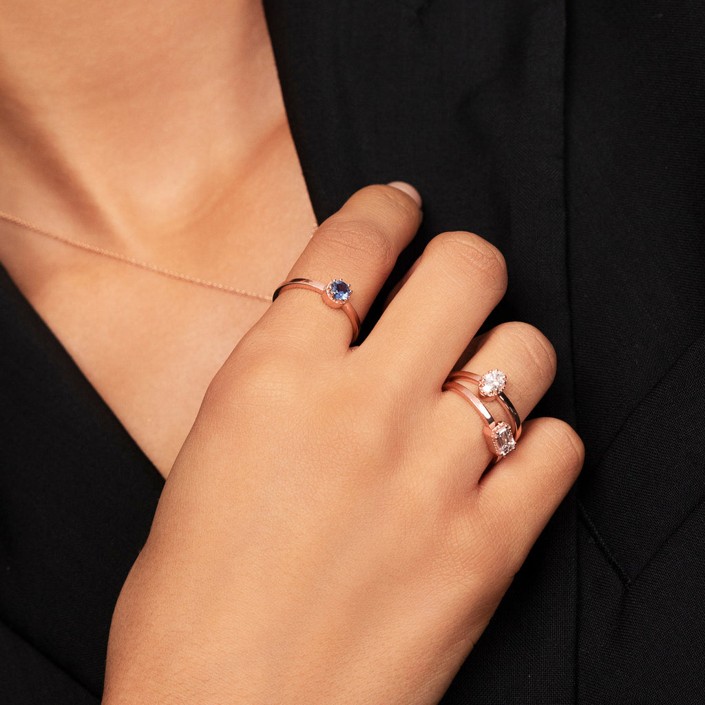 Ecksand's Round Blue Sapphire Stackable Ring with Milgrain Halo in 18k Rose Gold #2