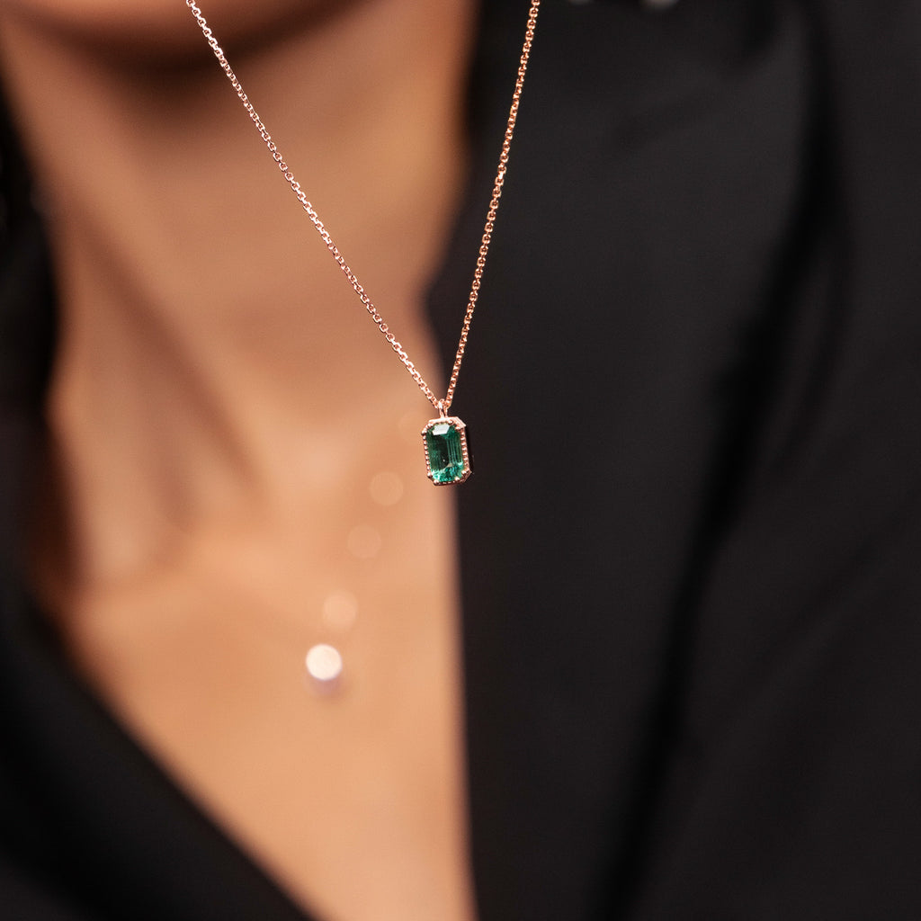 Ecksand's Emerald Stackable Necklace with Milgrain Halo in 18k Rose Gold