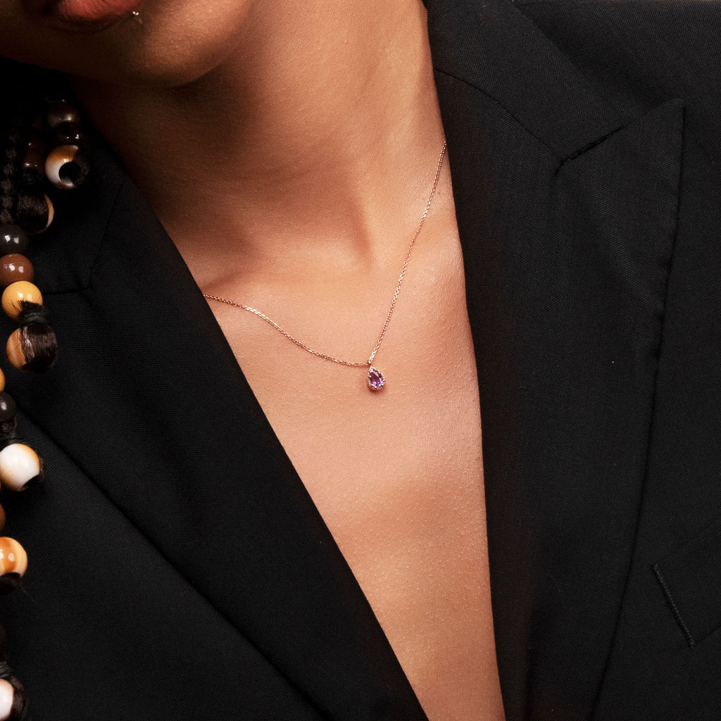 Ecksand's Pear Purple Sapphire Stackable Necklace with Milgrain Halo in 18k Rose Gold