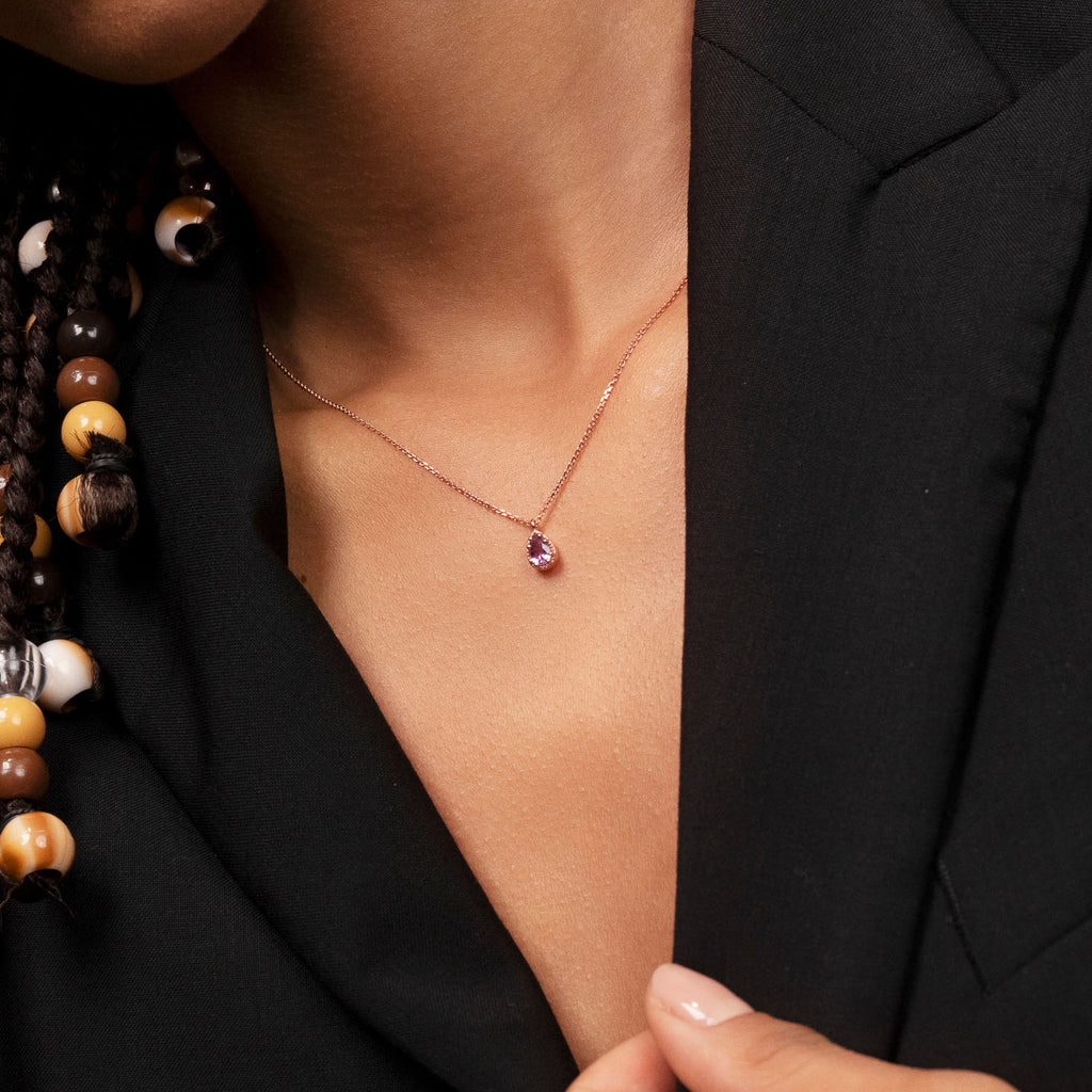 Ecksand's Pear Purple Sapphire Stackable Necklace with Milgrain Halo in 18k Rose Gold #2