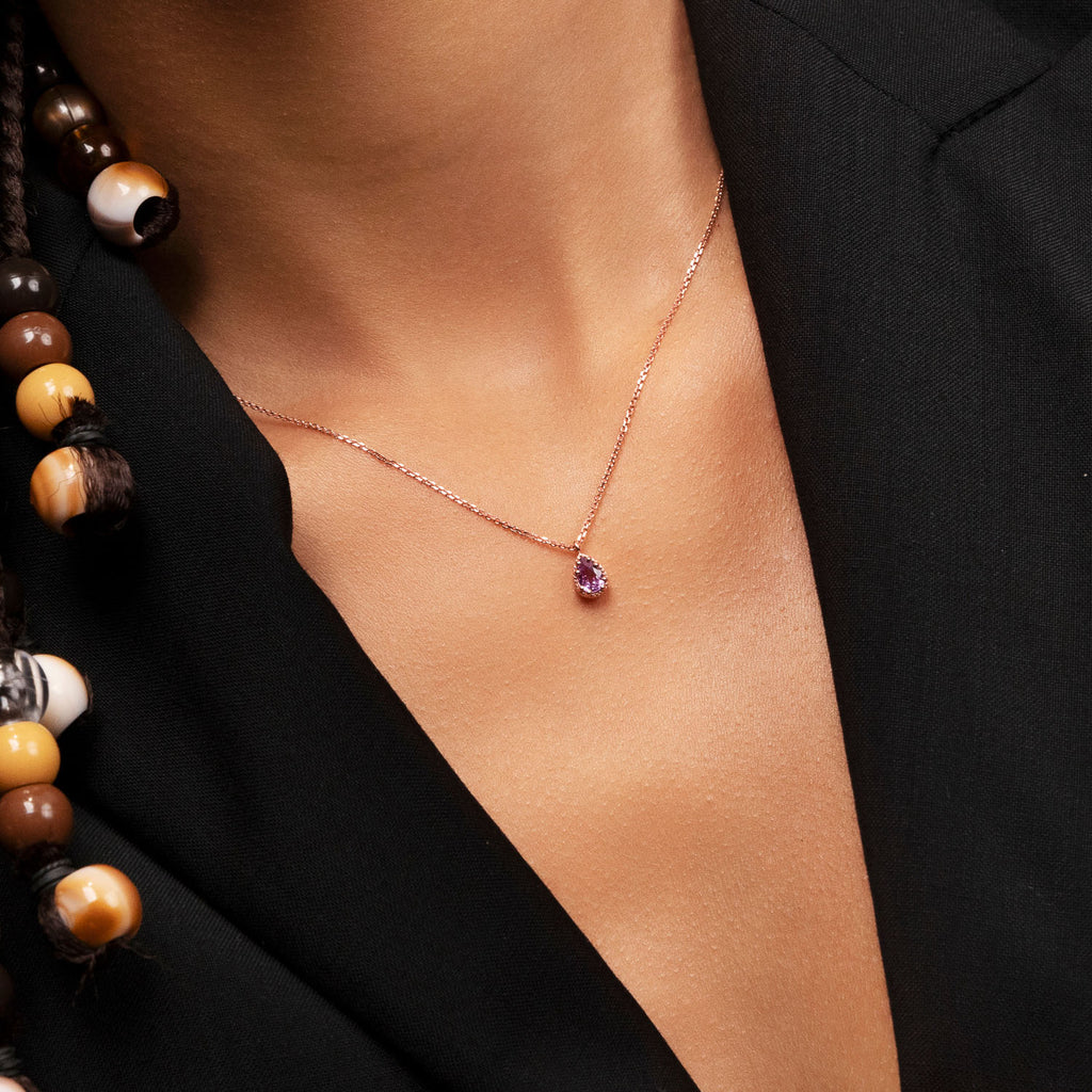 Ecksand's Pear Purple Sapphire Stackable Necklace with Milgrain Halo in 18k Rose Gold #3