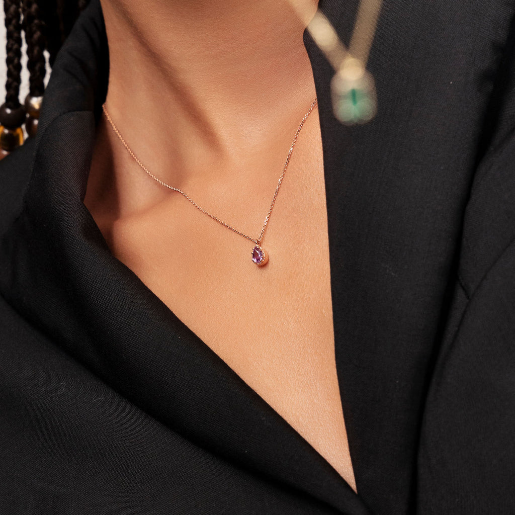 Ecksand's Pear Purple Sapphire Stackable Necklace with Milgrain Halo in 18k Rose Gold #4