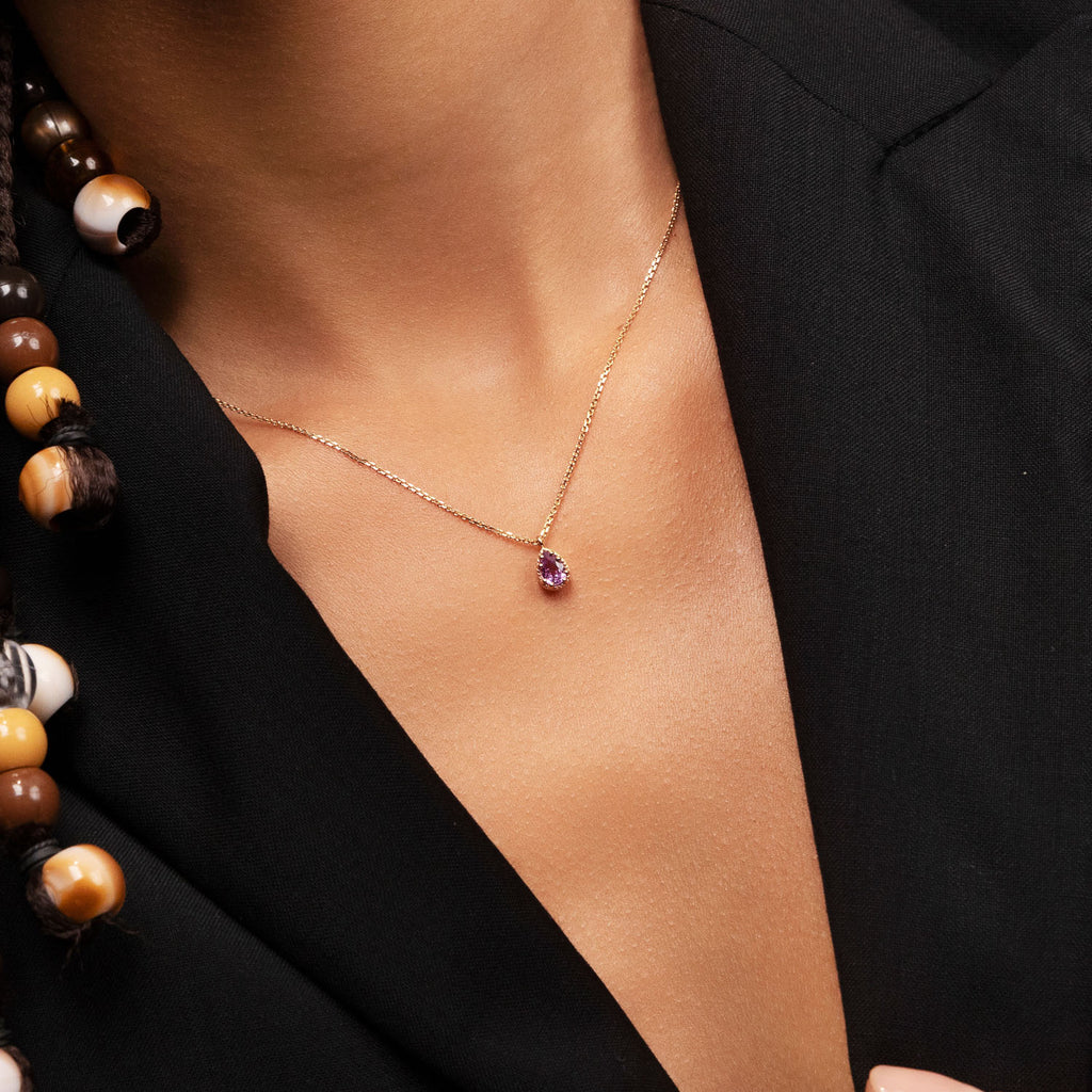 Ecksand's Pear Purple Sapphire Stackable Necklace with Milgrain Halo in 18k Yellow Gold #3