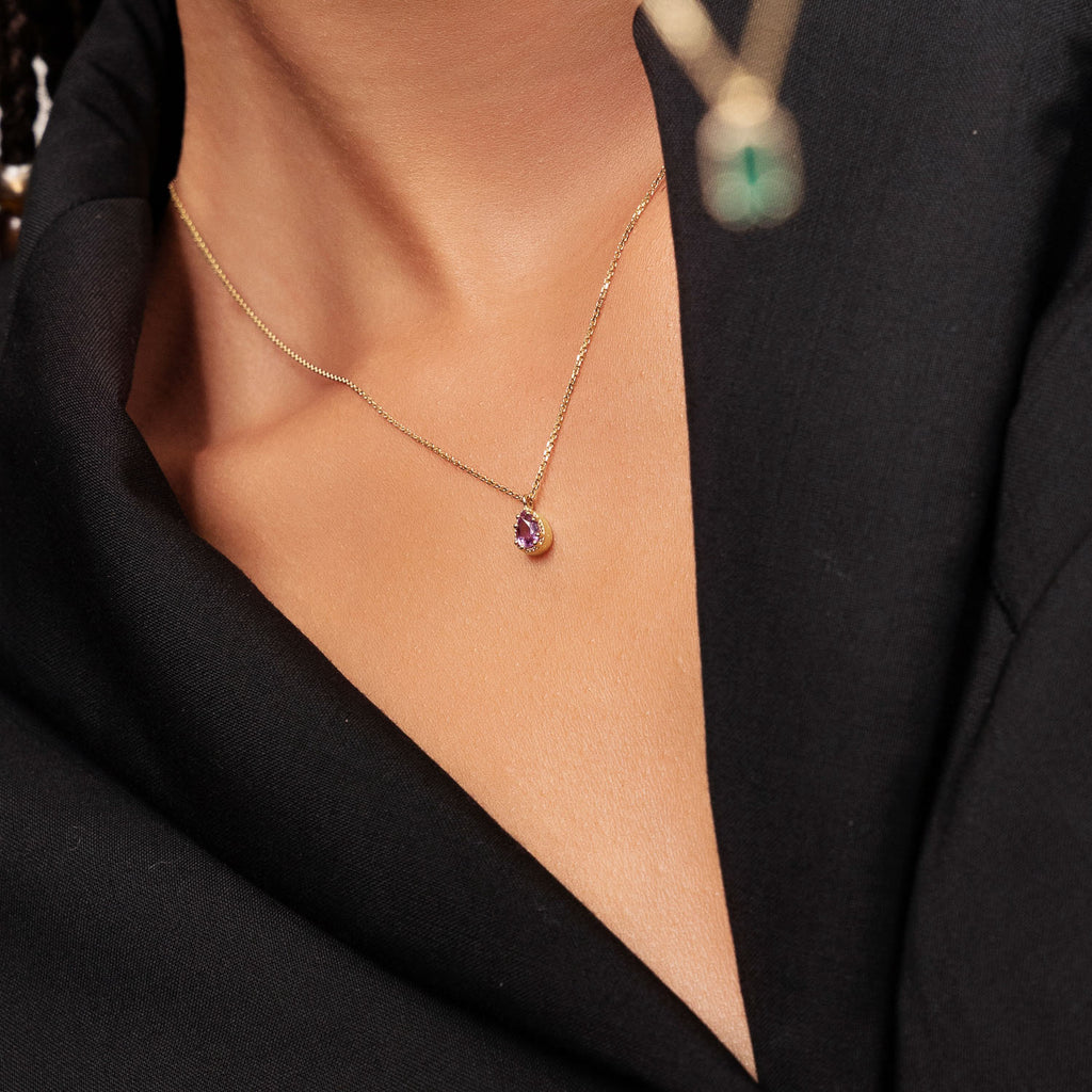 Ecksand's Pear Purple Sapphire Stackable Necklace with Milgrain Halo in 18k Yellow Gold #4