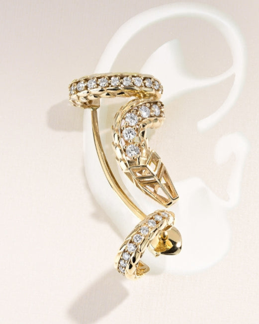 Canadian-made dragon ear climber and huggie earrings in 18K yellow gold with pavé diamonds.