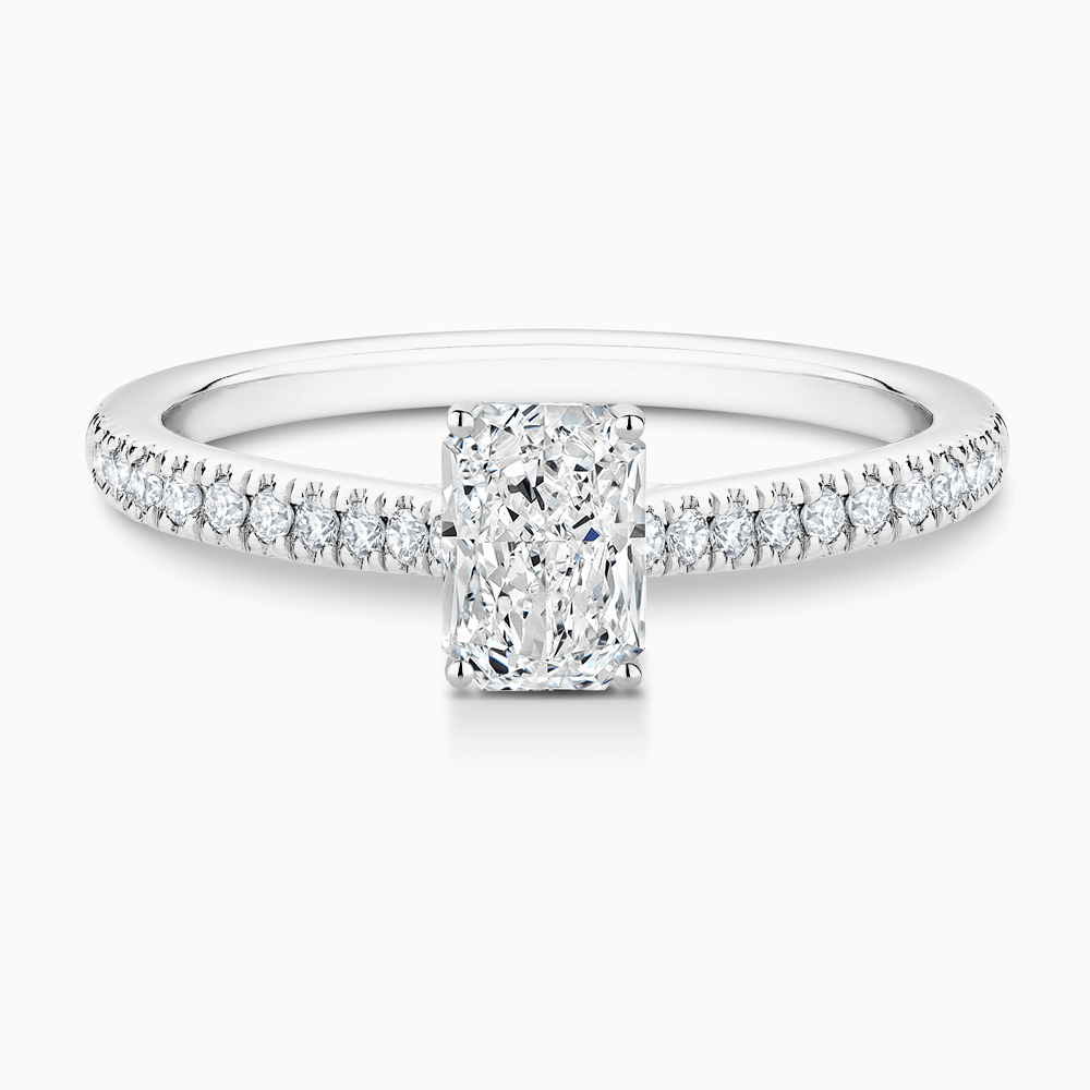 The Ecksand Diamond Engagement Ring with Secret Heart and Diamond Band shown with Radiant in 18k White Gold