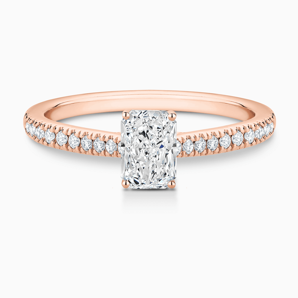 The Ecksand Diamond Engagement Ring with Secret Heart and Diamond Band shown with Radiant in 14k Rose Gold