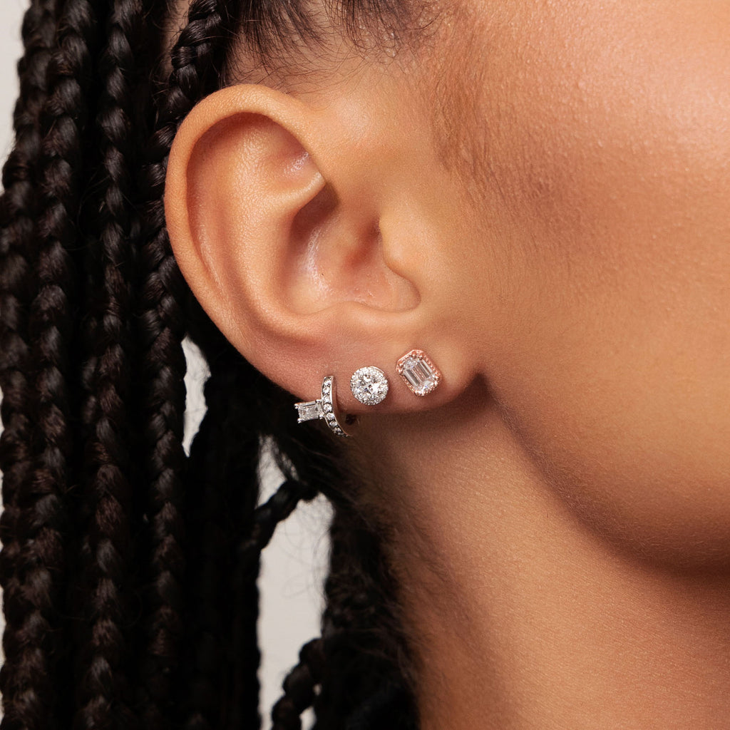 Model wearing Ecksand's Emerald Diamond Stud Earrings with Milgrain Halo in 18k Rose Gold, Lab-grown VS2+/ F+ #2