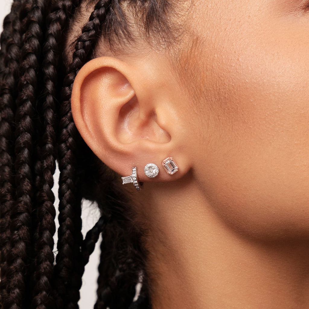 Model wearing Ecksand's Emerald Diamond Stud Earrings with Milgrain Halo in 18k Rose Gold, Lab-grown VS2+/ F+ #3