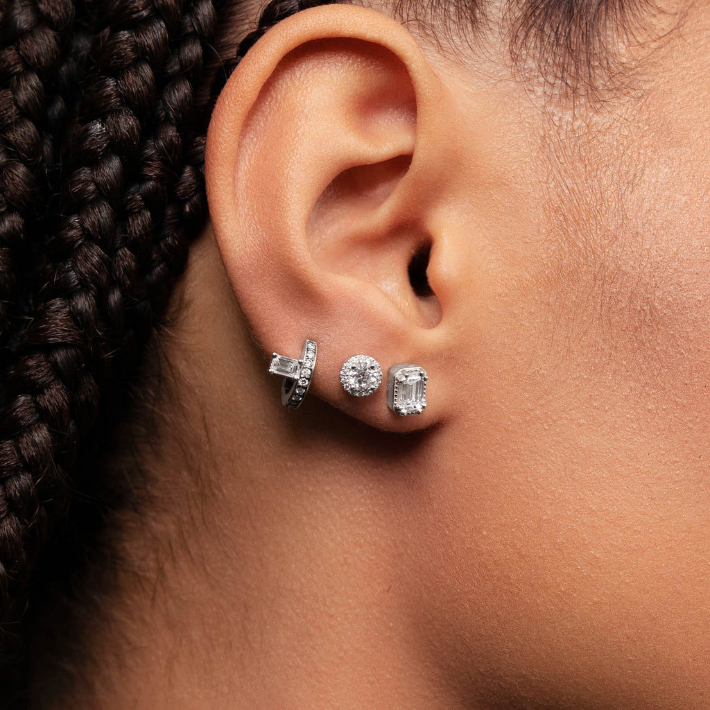 Model wearing Ecksand's Emerald Diamond Stud Earrings with Milgrain Halo in 18k White Gold, Lab-grown VS2+/ F+ #3