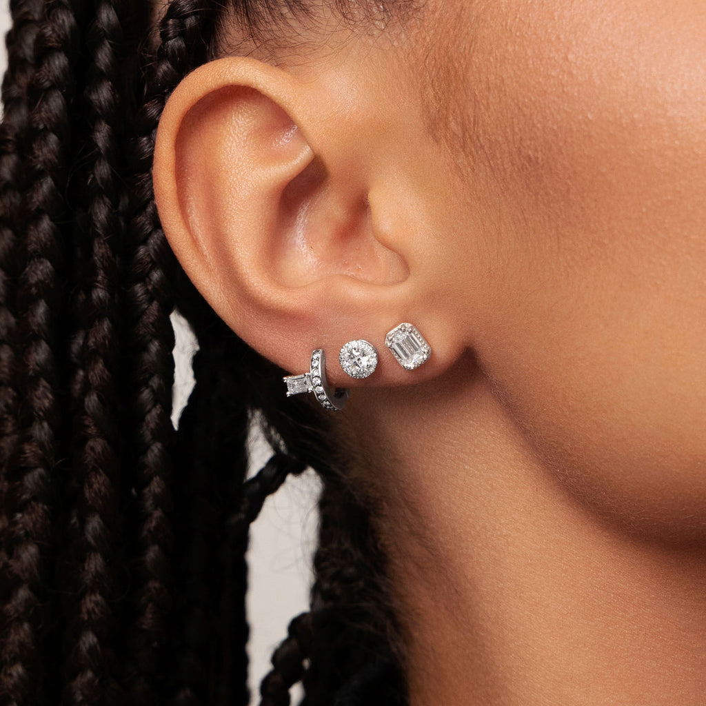 Model wearing Ecksand's Emerald Diamond Stud Earrings with Milgrain Halo in 18k White Gold, Lab-grown VS2+/ F+ #2