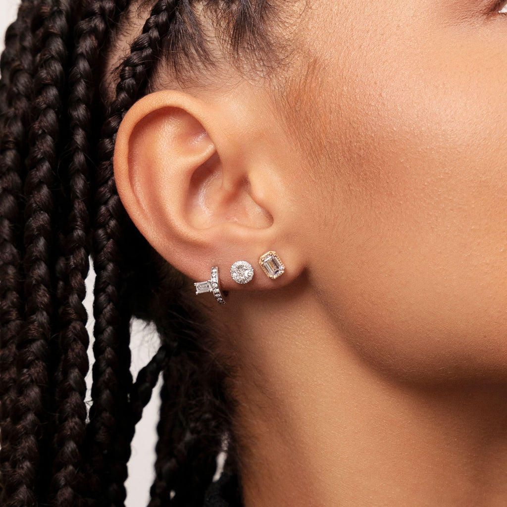 Model wearing Ecksand's Emerald Diamond Stud Earrings with Milgrain Halo in 18k Yellow Gold, Lab-grown VS2+/ F+ #3