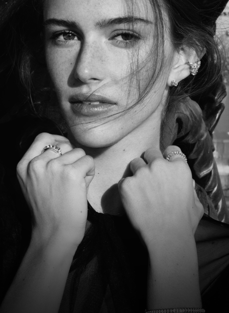 model wearing canadian-made 18k white gold diamond jewelry from ecksand's starlight collection.