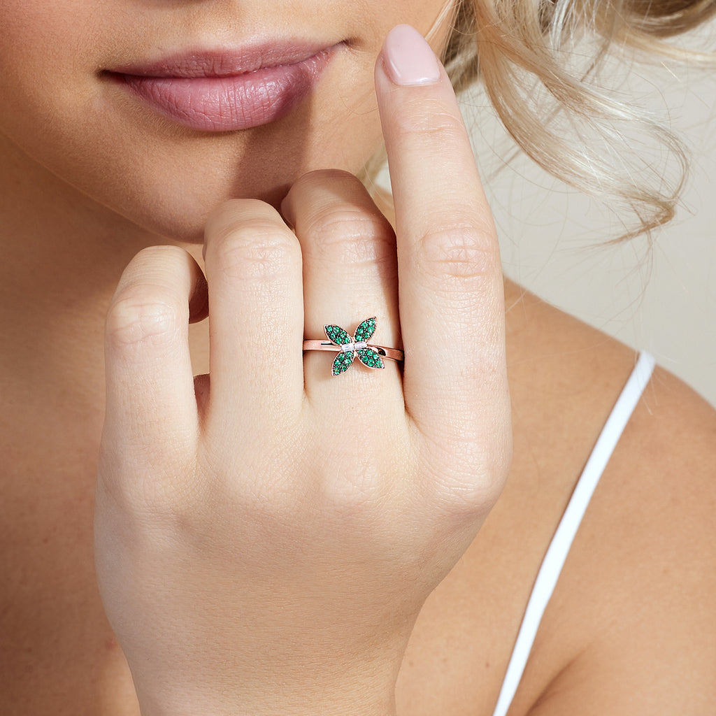 The Ecksand Emerald Butterfly Ring with Accent Diamonds shown with Lab-grown VS2+/ F+ in 14k Rose Gold