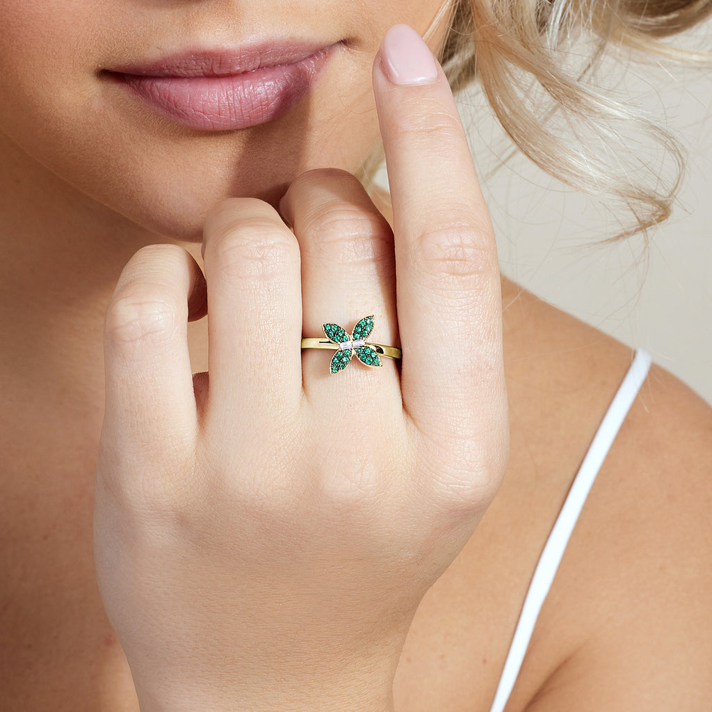 The Ecksand Emerald Butterfly Ring with Accent Diamonds shown with Lab-grown VS2+/ F+ in 14k Yellow Gold