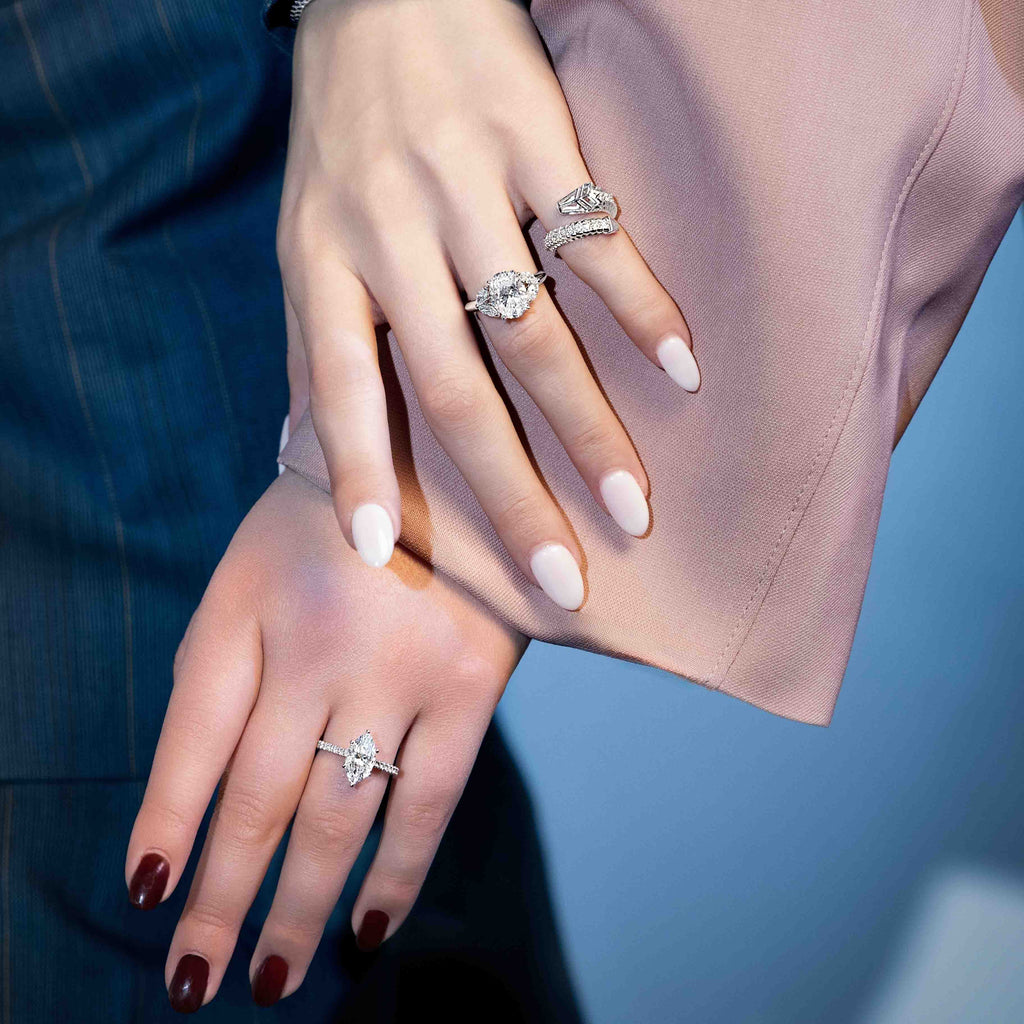 Model wearing Iconic Diamond Cluster Engagement Ring with Dragon Scale Setting Diamond Belt in White Gold