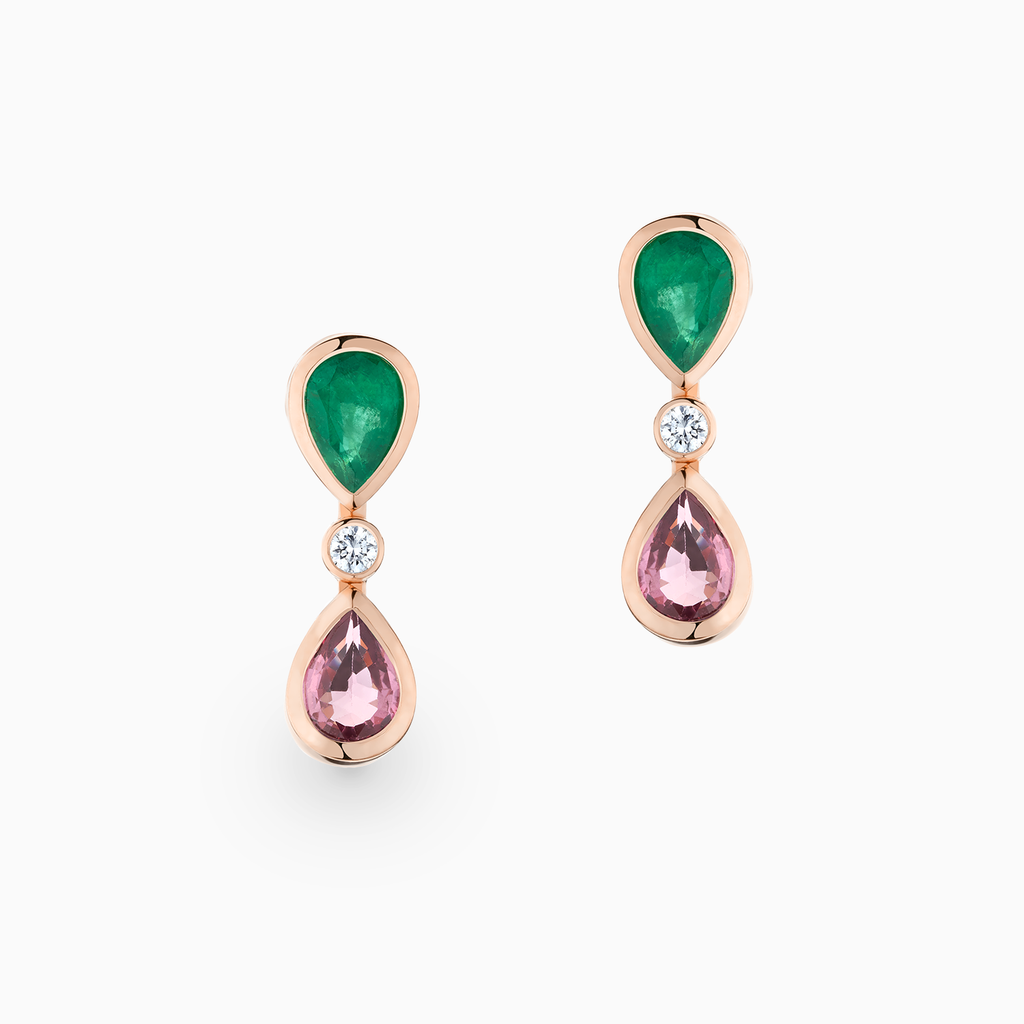 The Ecksand Emerald and Pink Sapphire Dangle Earrings with Accent Diamonds shown with Emeralds and Pink Sapphires 5x3mm in 14k Rose Gold