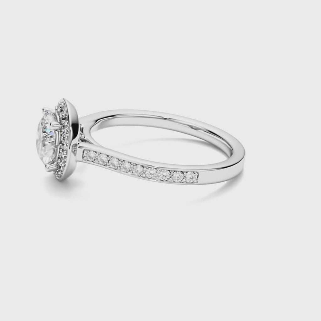 Video showcasing Ecksand's Diamond Halo Engagement Ring with Bright-Cut Diamond Band in Platinum, Round #2