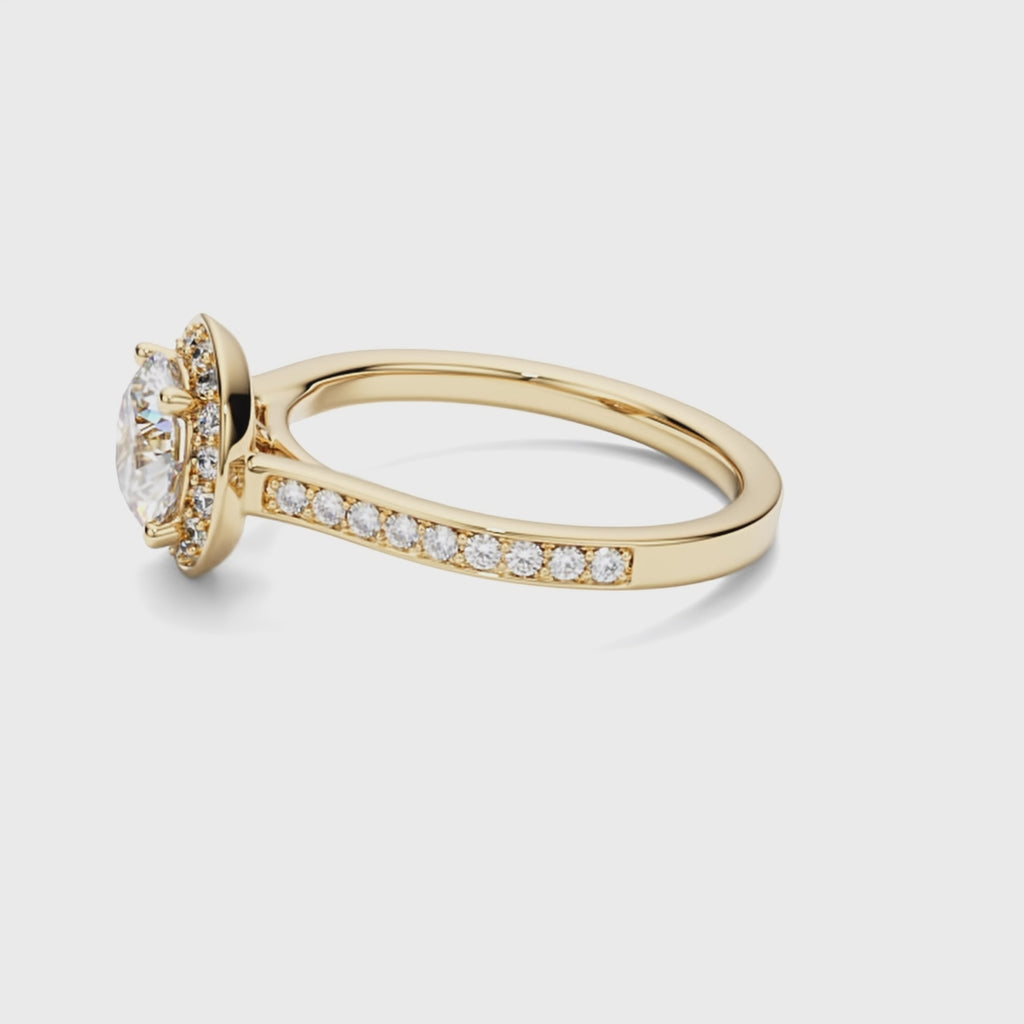 Video showcasing Ecksand's Diamond Halo Engagement Ring with Bright-Cut Diamond Band in 18k Yellow Gold, Round