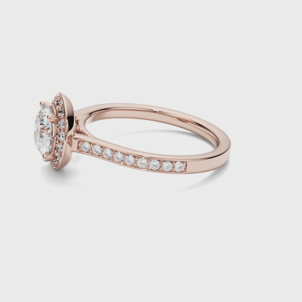 Video showcasing Ecksand's Diamond Halo Engagement Ring with Bright-Cut Diamond Band in 14k Rose Gold, Cushion