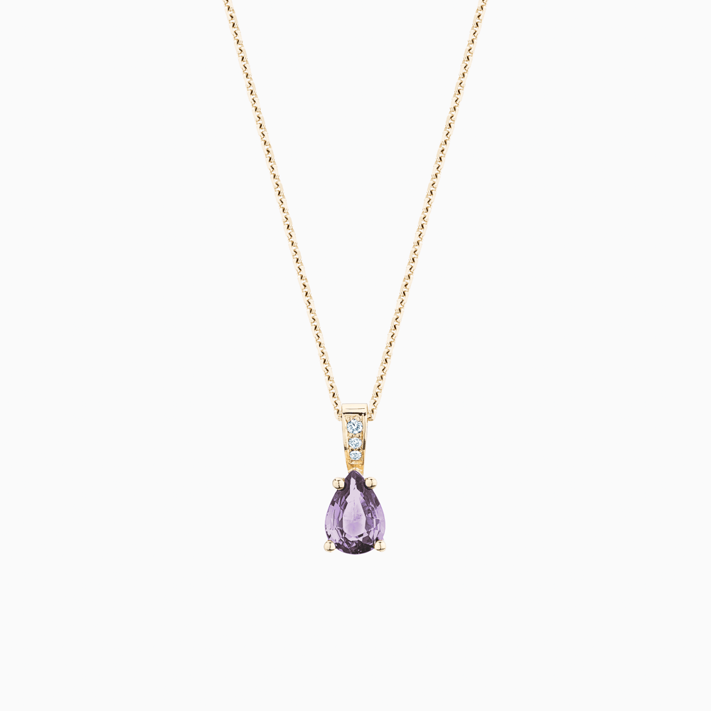 The Ecksand Purple Sapphire Pendant Necklace with Accent Diamonds shown with Natural VS2+/ F+ in 14k Yellow Gold