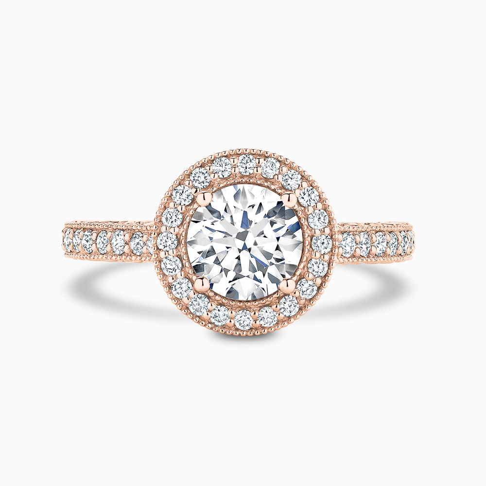 The Ecksand Diamond Halo Engagement Ring with Vintage Detailing shown with Round in 14k Rose Gold