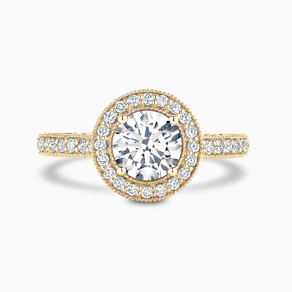 The Ecksand Diamond Halo Engagement Ring with Vintage Detailing shown with Round in 18k Yellow Gold