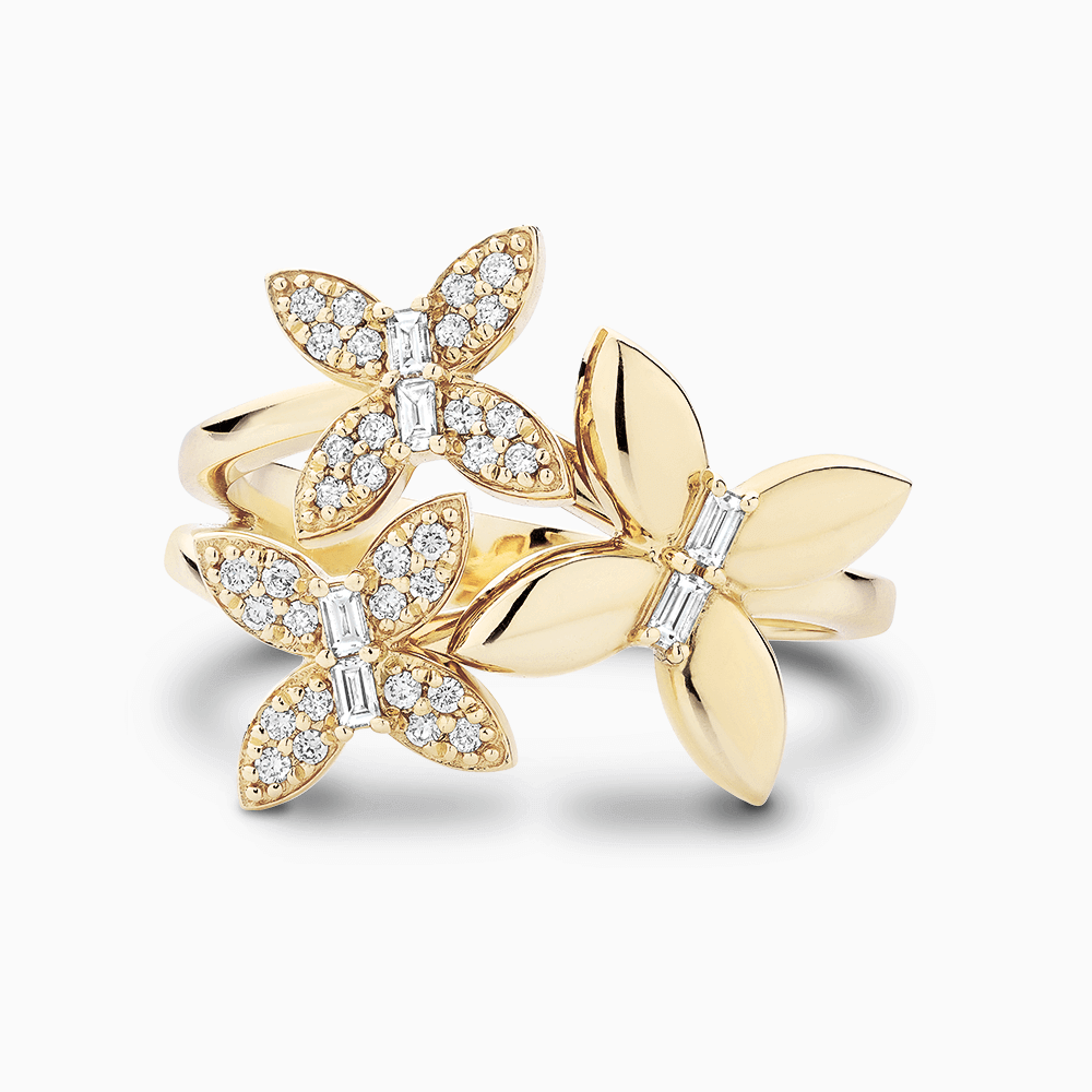 The Ecksand Butterfly Trio Diamond Pavé Ring shown with Lab-grown VS2+/ F+ in 14k Yellow Gold