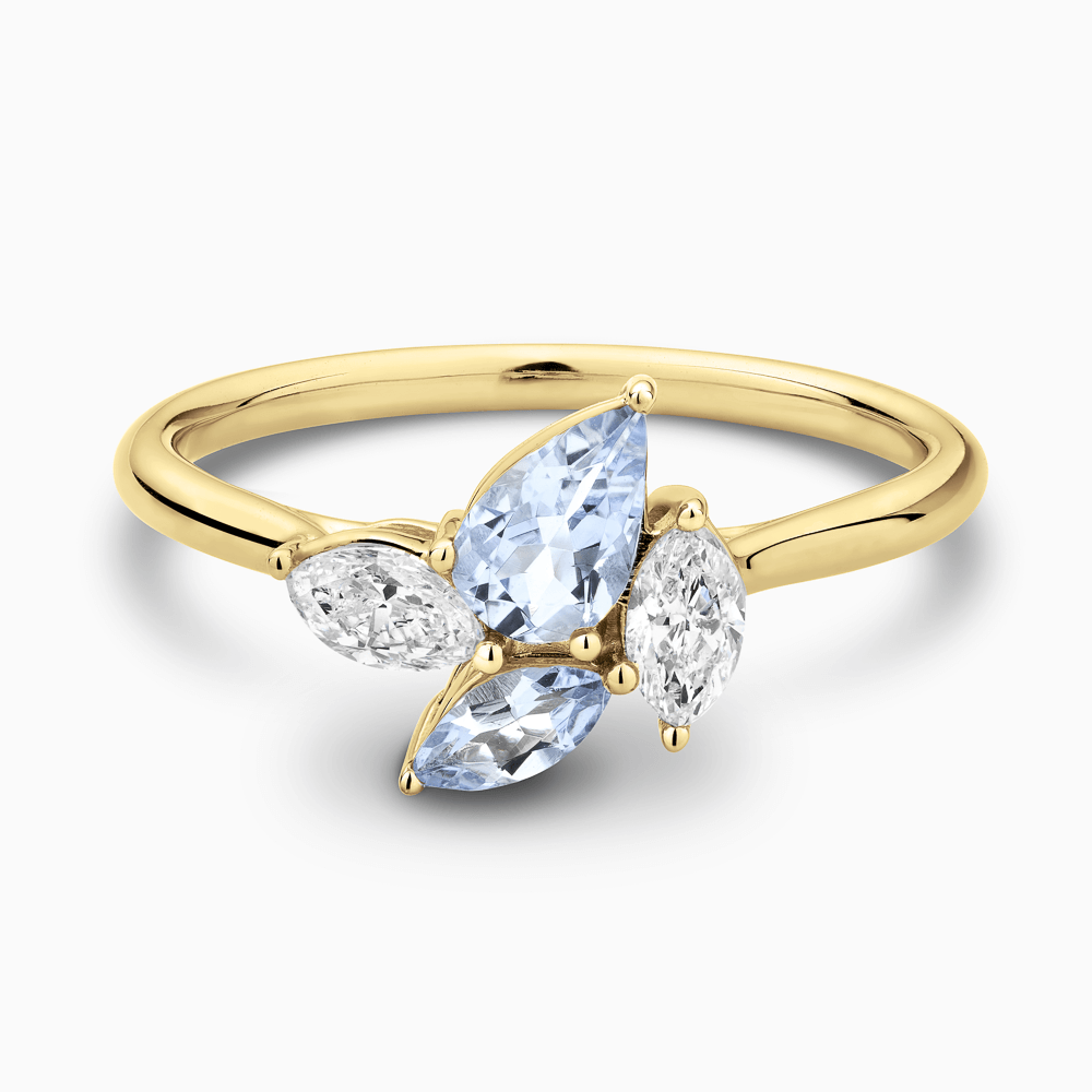 The Ecksand Cluster Diamond and Aquamarine Ring shown with Natural VS2+/ F+ in 18k Yellow Gold