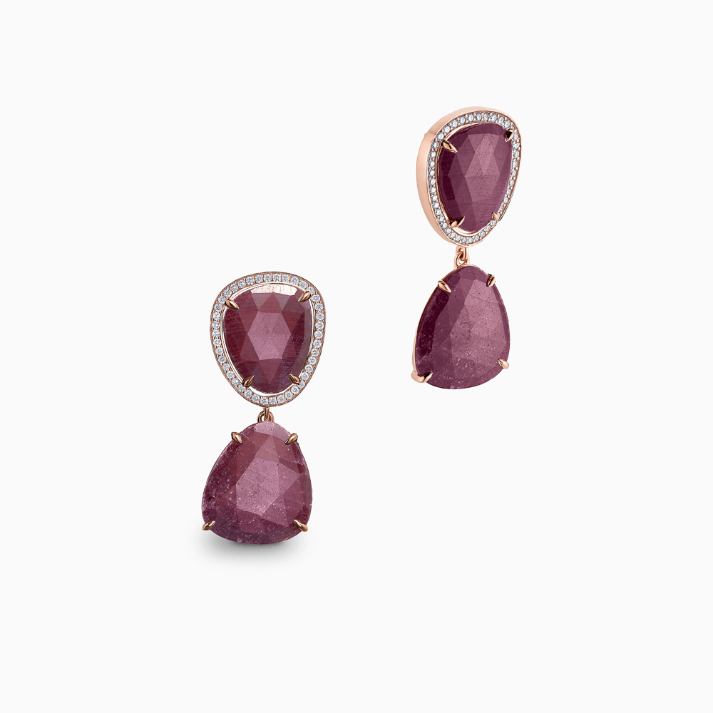 The Ecksand Rose-Cut Ruby Dangle Earrings with Accent Diamonds shown with Lab-grown VS2+/ F+ in 14k Rose Gold