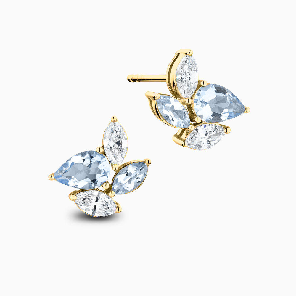 The Ecksand Cluster Diamond and Aquamarine Earrings shown with Natural VS2+/ F+ in 18k Yellow Gold