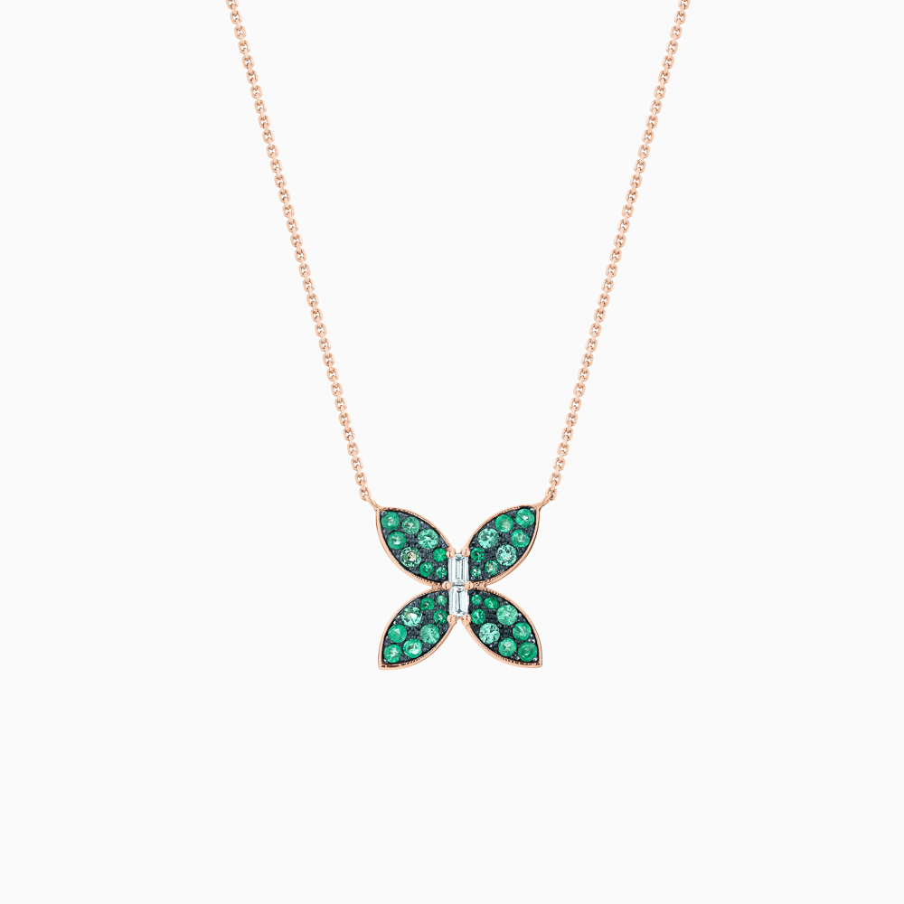 The Ecksand Butterfly Pendant Necklace with Accent Emeralds and Diamonds shown with Lab-grown VS2+/ F+ in 14k Rose Gold
