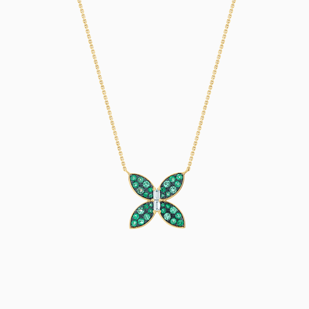 The Ecksand Butterfly Pendant Necklace with Accent Emeralds and Diamonds shown with Lab-grown VS2+/ F+ in 14k Yellow Gold
