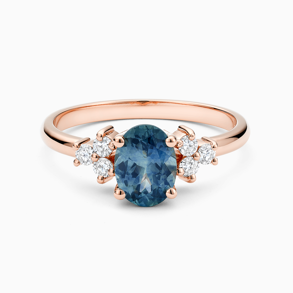 The Ecksand Blue Sapphire Engagement Ring with Six Side Diamonds shown with Natural VS2+/ F+ in 14k Rose Gold