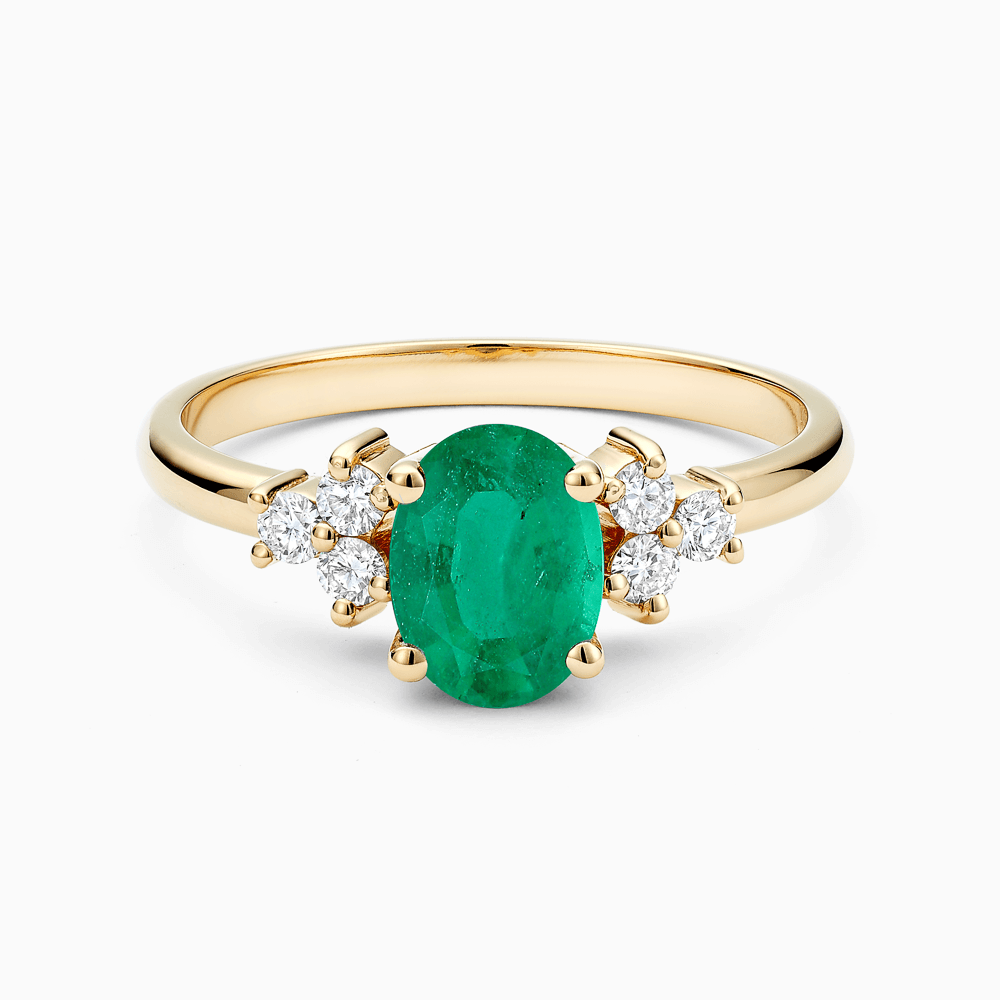The Ecksand Emerald Engagement Ring with Six Side Diamonds shown with Natural VS2+/ F+ in 18k Yellow Gold