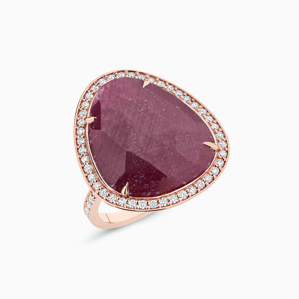 The Ecksand Ruby Cocktail Ring with Diamond Pavé and Halo shown with Lab-grown VS2+/ F+ in 14k Rose Gold