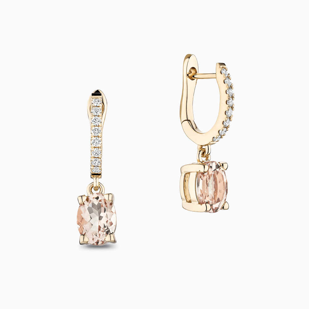 The Ecksand Morganite Dangle Earrings with Diamond Pavé shown with Natural VS2+/ F+ in 14k Yellow Gold