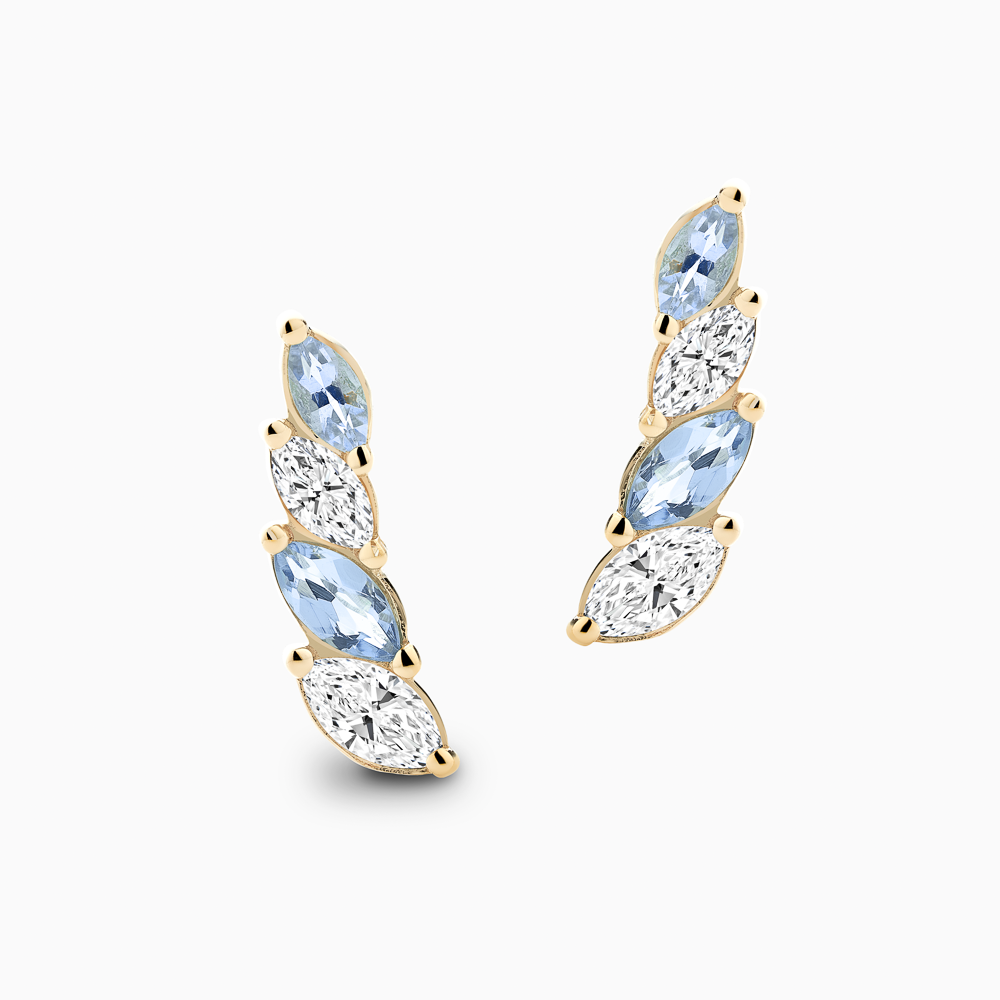 The Ecksand Diamond and Aquamarine Crawler Earrings shown with Natural VS2+/ F+ in 18k Yellow Gold