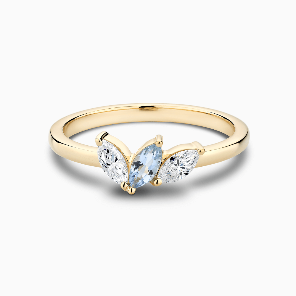 The Ecksand Three-Stone Diamond and Aquamarine Ring shown with Natural VS2+/ F+ in 18k Yellow Gold