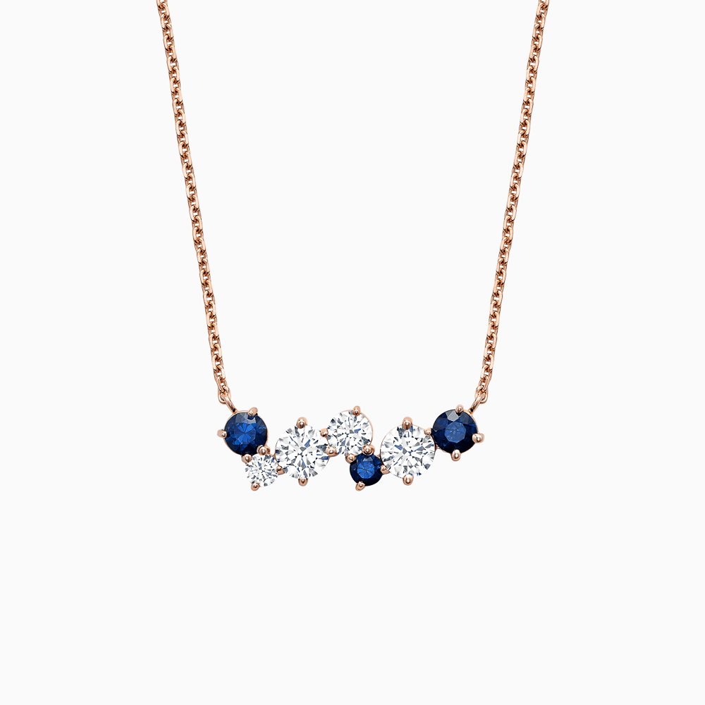 The Ecksand Cluster Diamonds and Blue Sapphires Pendant Necklace shown with Natural VS2+/ F+ in 14k Rose Gold