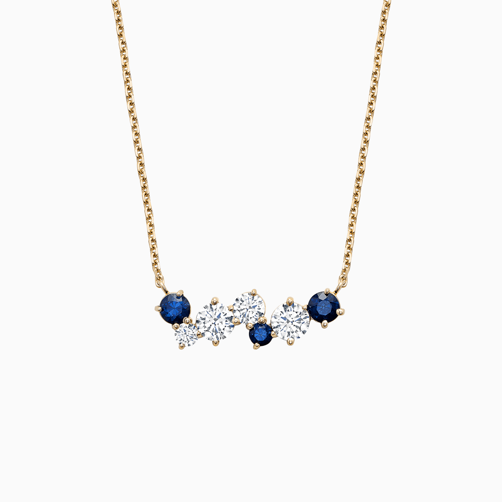 The Ecksand Cluster Diamonds and Blue Sapphires Pendant Necklace shown with Natural VS2+/ F+ in 14k Yellow Gold
