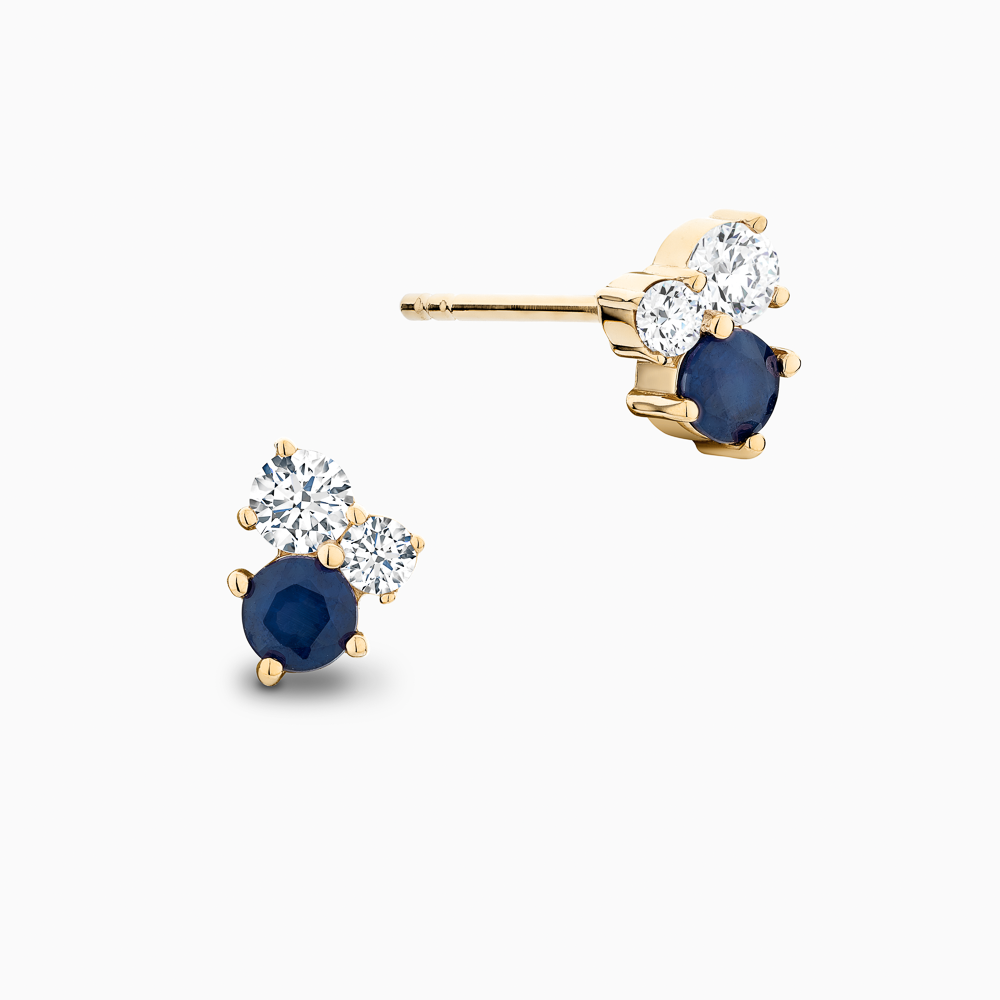 The Ecksand Cluster Diamond and Blue Sapphire Stud Earrings shown with Natural VS2+/ F+ in 14k Yellow Gold