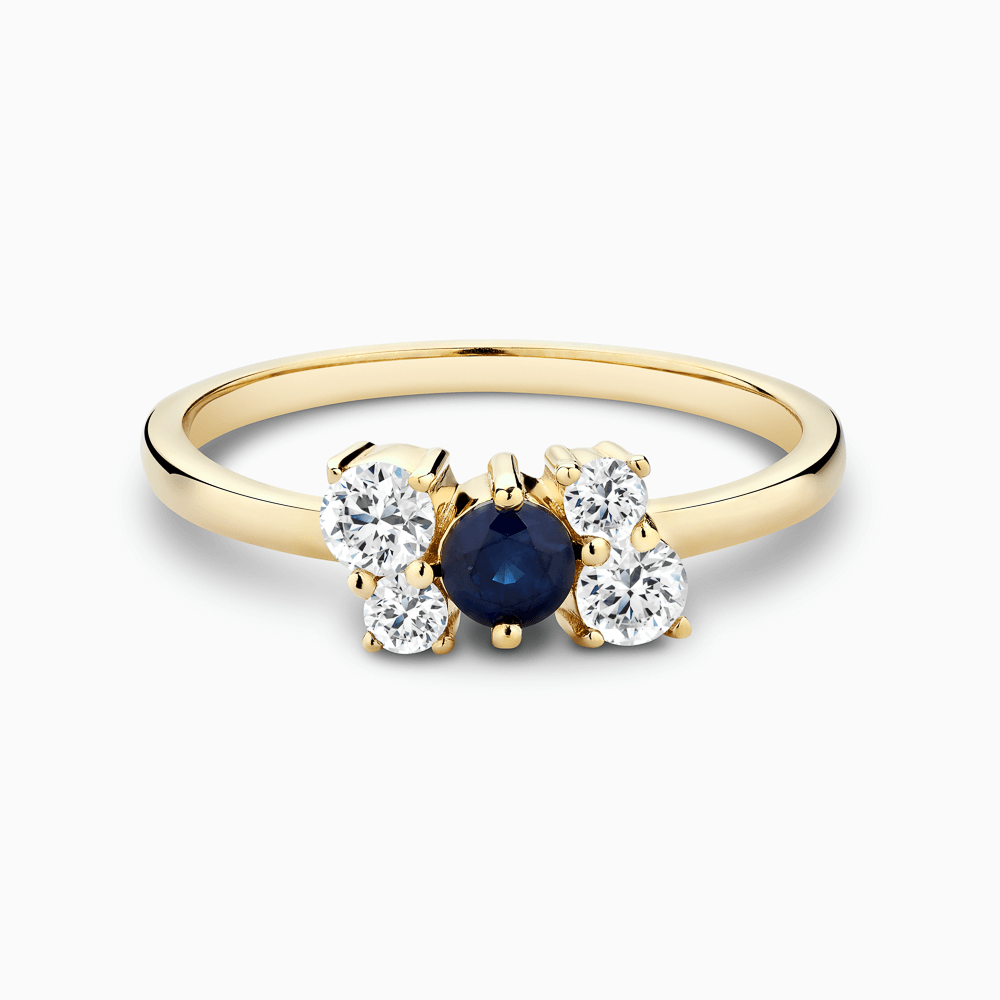 The Ecksand Blue Sapphire and Diamonds Cluster Ring shown with Natural VS2+/ F+ in 14k Yellow Gold